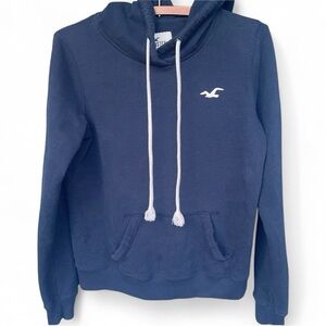 Hollister Blue Cropped Hoodie with Front Pocket and white logo
